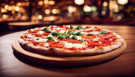 Pizza with mozzarella cheese and basil on a wooden tableの素材