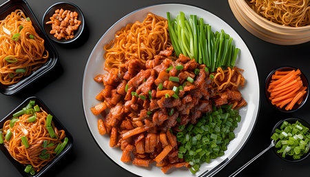 Chinese food. Chinese noodles with pork and vegetables on black background.の素材