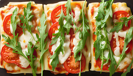 Pizza with mozzarella, tomatoes and arugula on black backgroundの素材