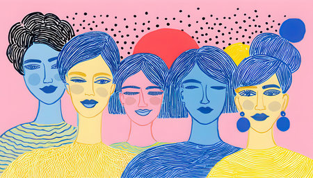 Group of beautiful women in pop art style. Vector illustration of women's faces.の素材