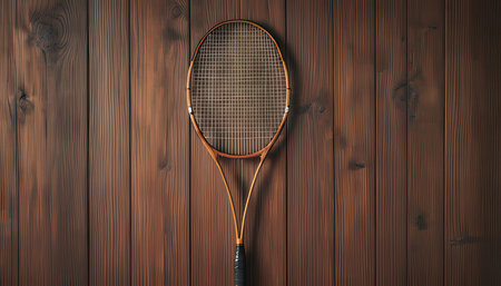 Tennis racket on a wooden background. Top view. 3d renderingの素材