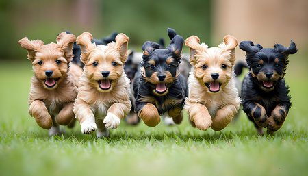 Cute Yorkshire Terrier puppies running in the grass. Selective focus.の素材