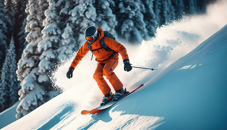 Skier skiing downhill in high mountains during sunny day.の素材