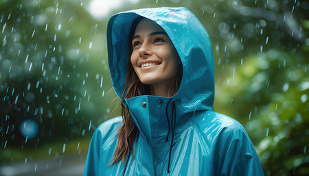 Beautiful young woman in raincoat smiling at camera while standing in rain