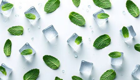 Mint leaves in ice cubes on white background. Flat lay, top view.の素材