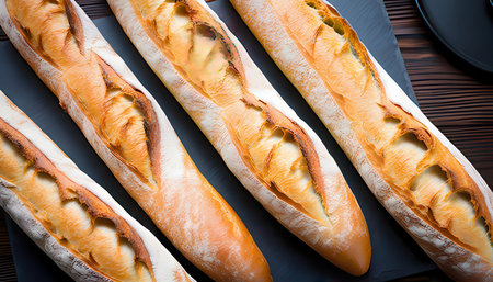 French baguette on a wooden table. View from above.の素材