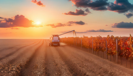 Harvesting of grapes with a combine at sunset. Tractor in the fieldの素材