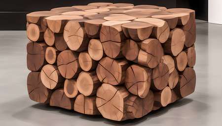 3d rendering of a stack of wood in front of a galleryの素材