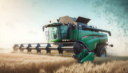 Combine harvester working on a wheat field. 3D renderingの素材
