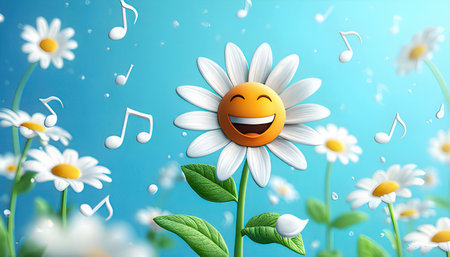 Cartoon daisy flower with happy face and music notes on blue backgroundの素材