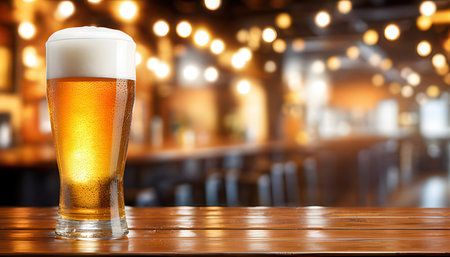 Glass of beer on wooden table in pub or bar. Blurred backgroundの素材