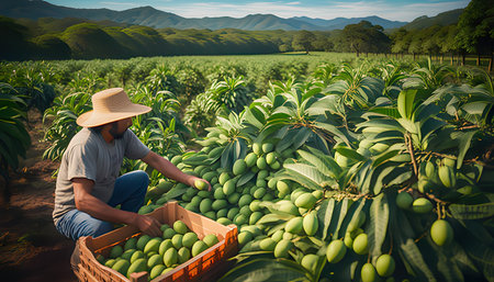 Farmer harvesting mangoes on the plantation in the morning, Thailandの素材