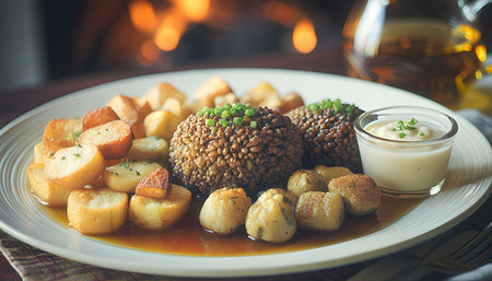 Meatballs served with sour cream and croutons on a plateの素材