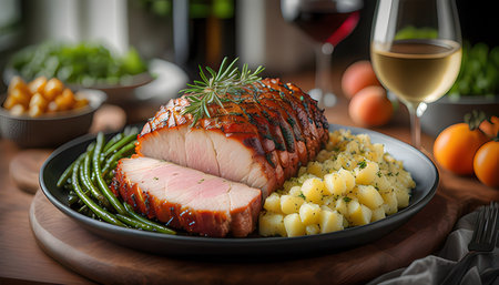 Roast duck breast with boiled potatoes and green beans on a plateの素材