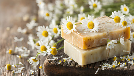 Handmade soap with chamomile flowers on a wooden backgroundの素材