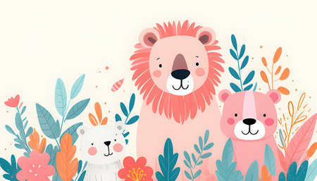 Cute cartoon lion, bear, koala and bear vector illustration.の素材