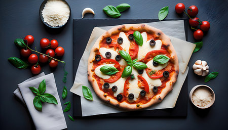Pizza with mozzarella cheese, tomatoes and basil on black backgroundの素材