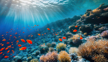 Underwater view of tropical coral reef with fishes and corals.の素材