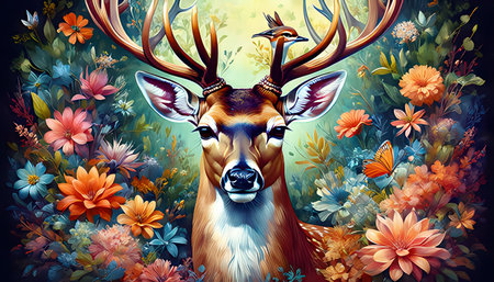 Deer with antlers and flowers. Colorful floral background.の素材