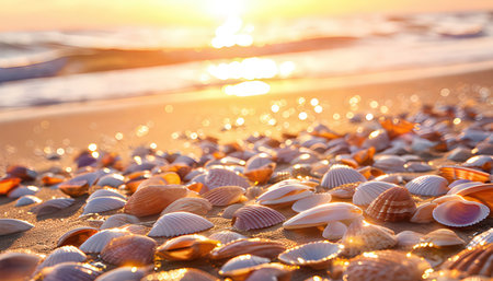 Seashells on the beach at sunset. Nature background.の素材