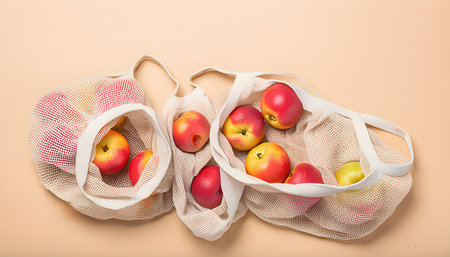 Red and yellow peaches in a string bag on a beige backgroundの素材