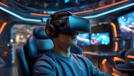 Young man playing video games with virtual reality headset. 3d rendering