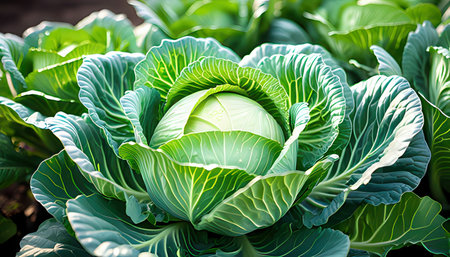Cabbage in the garden, close-up of green cabbage.の素材