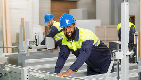 african american man in safety helmet and safety vest working in factoryの素材