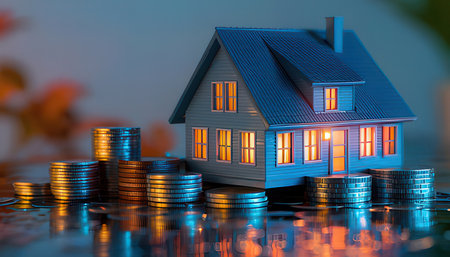 Miniature house with stack of coins for finance and banking concept.の素材