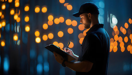 Handsome young man in black t-shirt and baseball cap writing in notebook at nightの素材