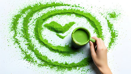 Green tea powder in a cup and a check mark on a white backgroundの素材