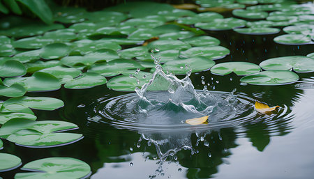 Water drop fall into the water with lotus leaf on the pondの素材