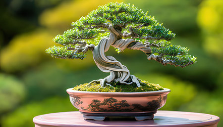 Bonsai tree in a pot on a table in the gardenの素材