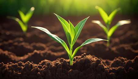 Young green corn seedling growing in the soil at sunset. Agriculture conceptの素材