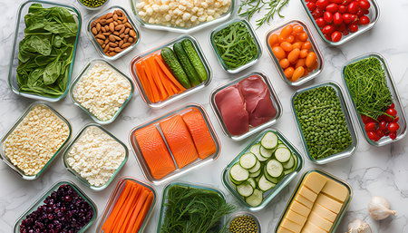 Healthy eating concept. Assortment of fresh vegetables and legumes in bowlsle background, top viewの素材
