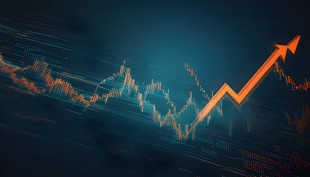 Futuristic glowing candlestick chart on dark background. Finance and trade concept. 3D Renderingの素材