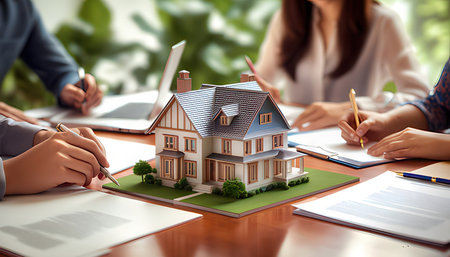 Real estate agent showing house model to potential buyer. Real estate agent showing house model to potential buyer.の素材