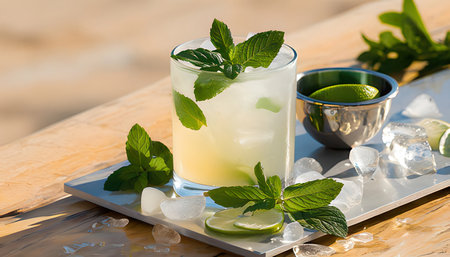 Mojito cocktail with lime, mint and ice on the beachの素材