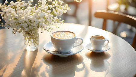 Coffee cup and flower on table in coffee shop, stock photoの素材