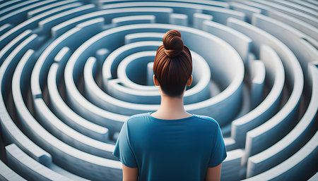 Rear view of a young woman standing in the middle of a labyrinthの素材