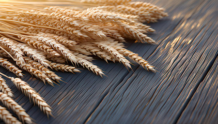 Ears of wheat on wooden table, closeup. Harvest conceptの素材