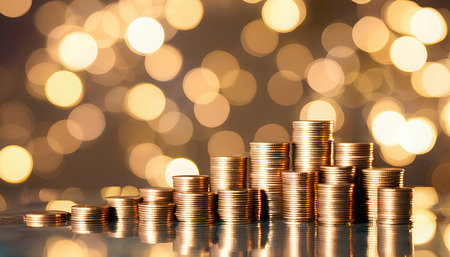 Stacks of coins on bokeh background, business and financial concept.の素材