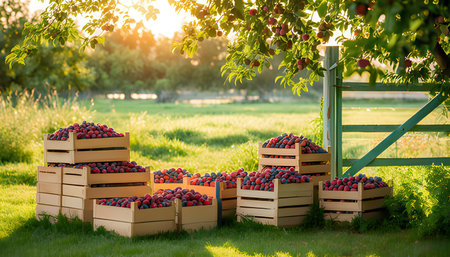 Harvest of ripe plums in wooden boxes on green grass.の素材
