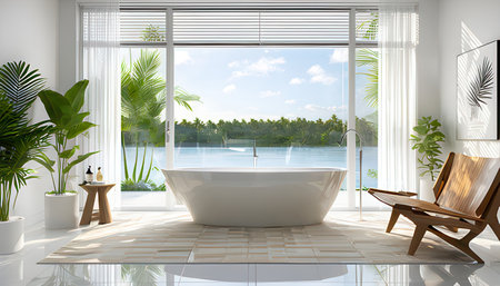 Modern white bathtub and deck chair in the room. 3d renderingの素材