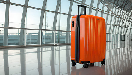 Orange suitcase in the airport terminal. 3d render. Business travel conceptの素材