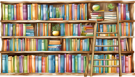Illustration of a bookcase full of books on a white backgroundの素材