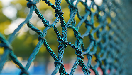 Close up of a wire mesh fence with green and blue wire.の素材