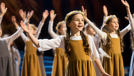 Folk dance show on stage, children's dance ensemble, dance schoolのeditorial素材