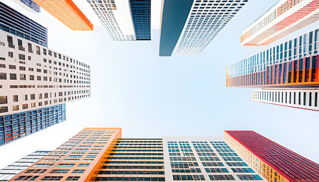 Low angle view of skyscrapers against blue sky. 3d renderingの素材