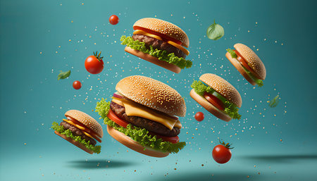 Flying hamburger with flying ingredients on blue background. 3d renderingの素材